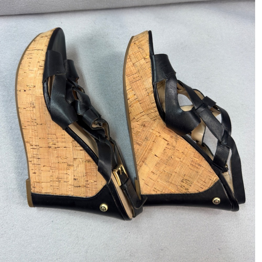 Boho Black Gold Guess Wedge Sandals Womens 10 Leather Cork Platform Strappy - Picture 2 of 9